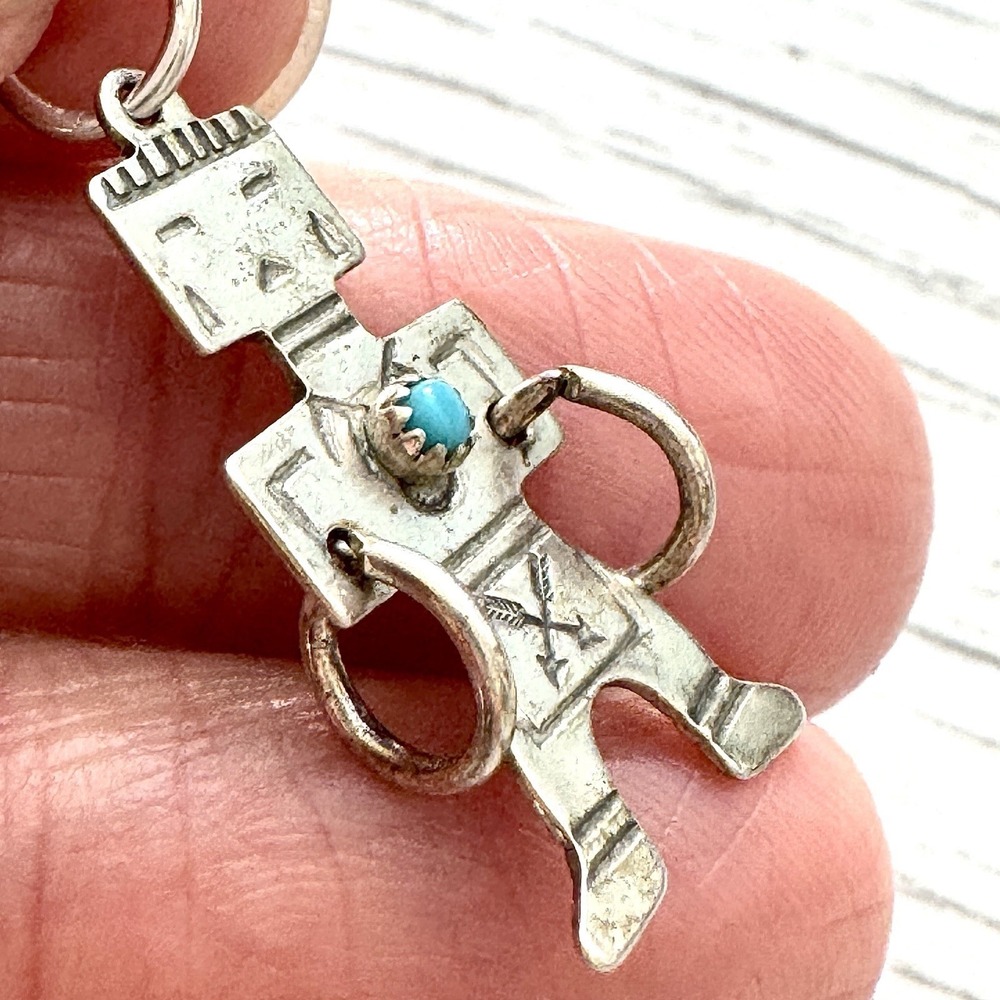VTG Navajo Kachina Turquoise Pendant Mini Harvey Era Sterling Hoop Dancer Charm - Picture 5 of 6